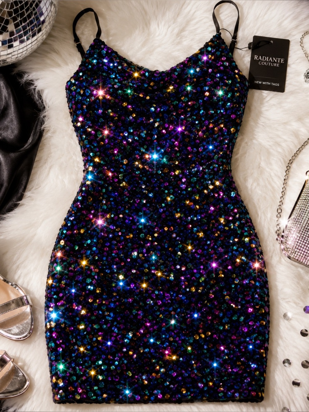 NWT Radiante Couture Rainbow Sequin Mini Dress Juniors 11 Y2K Party